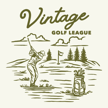 A vintage-style illustration featuring a golfer mid-swing on a scenic golf course