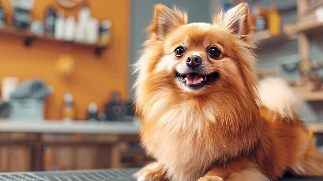 Adorable Pomeranian dog resting comfortably on professional grooming table, showcasing relaxed demeanor during beauty treatment at pet salon