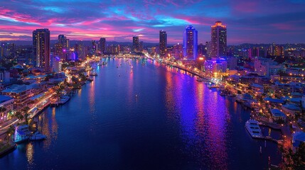 Fototapeta premium Cairns Night Cityscape: Stunning Aerial View of River, Skyscrapers, and Vibrant Lights