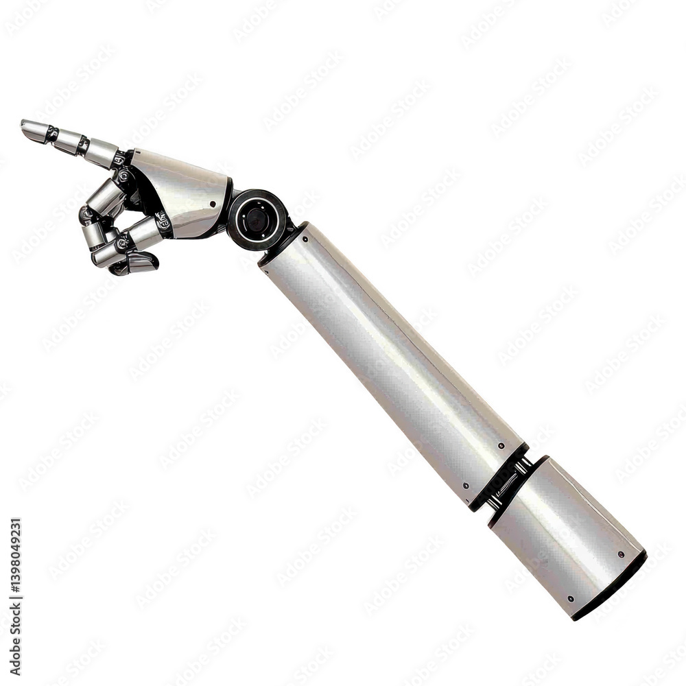 Poster sleek robotic arm with metallic finish is pointing forward, showcasing advanced technology and preci