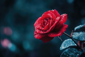 A Single Red Rose with Dewdrops Shimmers Against a Dark Background, Evoking Themes of Love, Beauty, and Fragility in a Dramatic Close-Up