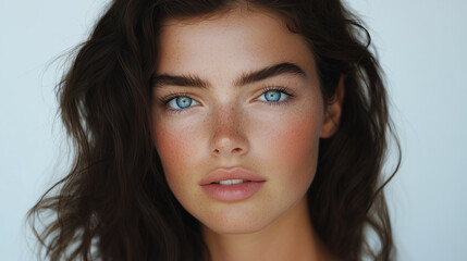 Naklejka premium Beautiful Model with Dark Brown Hair and Blue Eyes in Soft Lighting