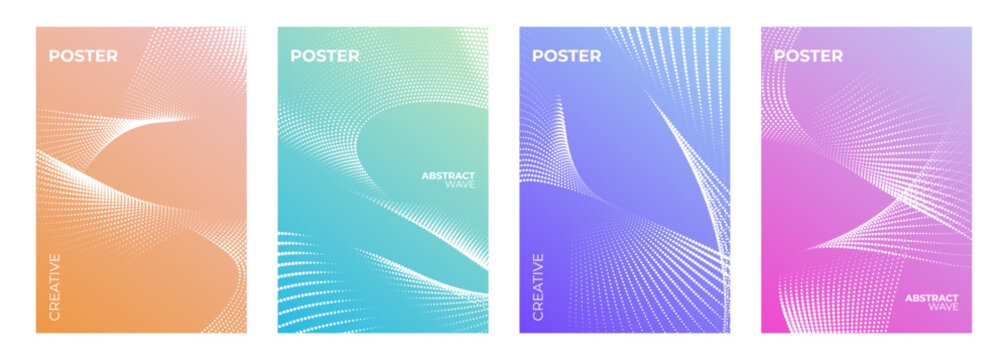 Set of abstract posters with white dot waves for creative graphic design. Minimalist cover templates. Vector illustration.