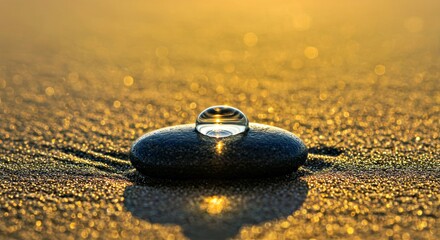 A single droplet on a beach pebble, shining under the sun