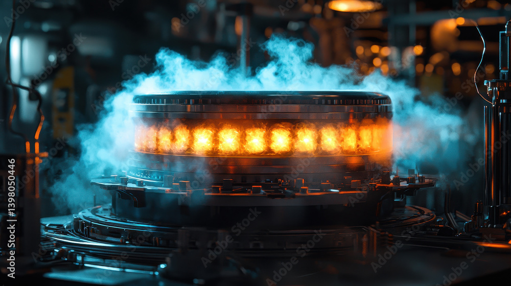 Poster majorana-based quantum processor core energizing a futuristic device with glowing superconducting te