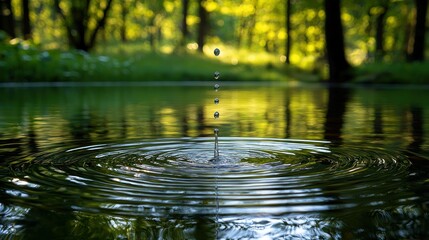 Fototapeta premium Serene Water Drop Ripples in a Forest Pond