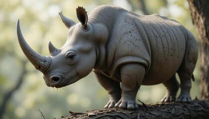Obraz premium White Rhinoceros Calf Perched on Fallen Log, Soft Morning Light