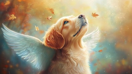 Heartfelt grief card for pet loss featuring an adorable angelic dog in animal paradise