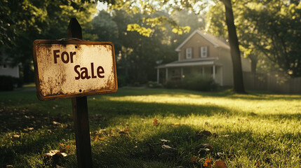 Obraz premium Wooden 'For Sale' Sign Surrounded by Trees and Grass on a Spacious Lawn