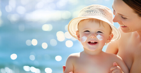 A joyful baby is having a wonderful time at the beach with their mother, who is carefully applying sunscreen on a bright, sunny day