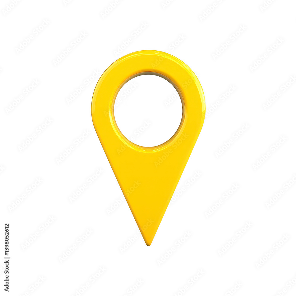 Poster bright yellow map pin icon with circular hole in center, symbolizing location or navigation, stands 