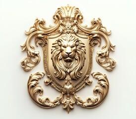 Majestic Emblem of Authority: A meticulously crafted, gold-adorned lion emblem stands as a symbol of regality and power. Carved with exquisite detail.