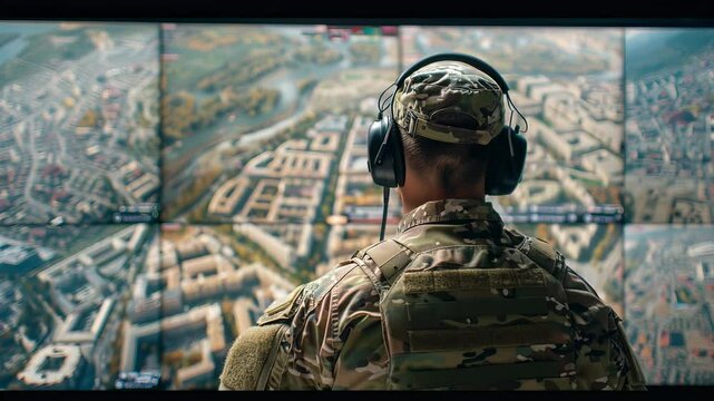 Military surveillance officer analyzes city operations for cybersecurity and national defense