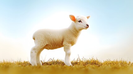 Obraz premium Playful Young Lamb Standing on Green Grass Bathed in Bright Sunlight in a Serene Natural Landscape
