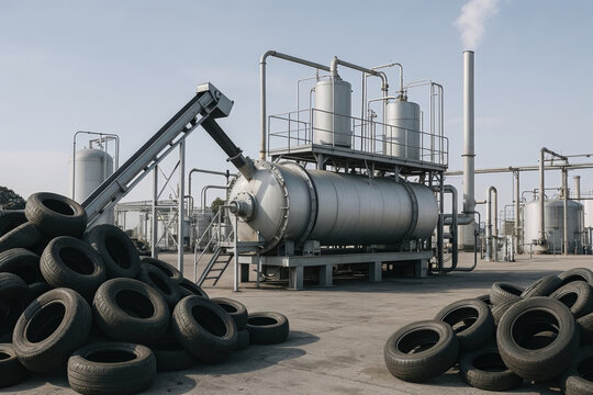 Industrial recycling plant processing used black rubber tires with modern pyrolysis machinery for sustainable energy production