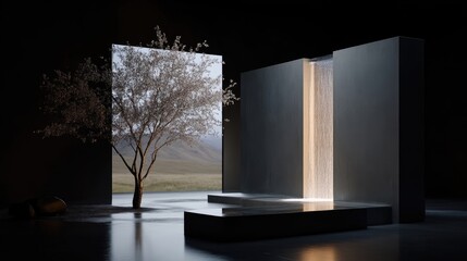 Minimalist, serene space with a waterfall, showcasing a tranquil outdoor landscape.  A solitary tree adds a touch of nature's beauty to the modern, abstract setting
