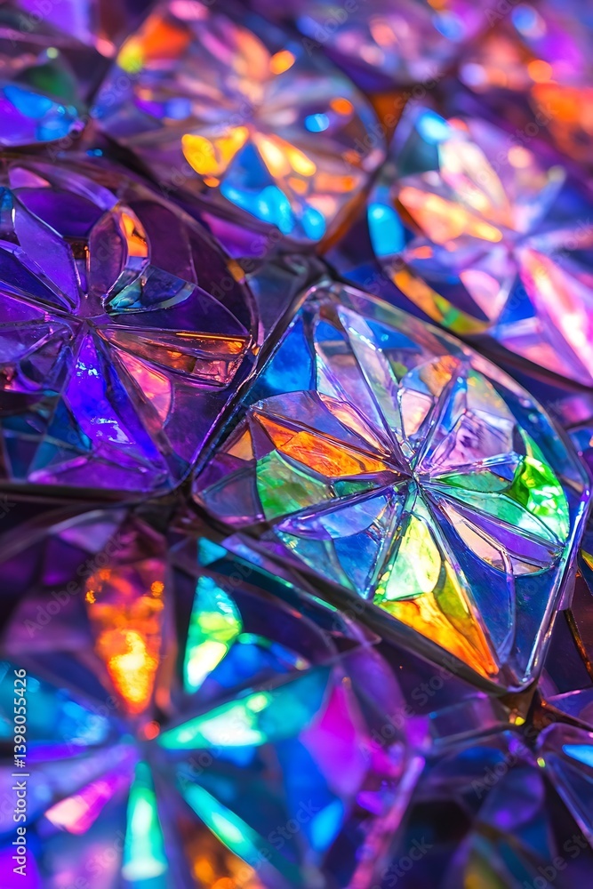 Poster luminous abstract backdrop featuring neon triangles and circles with iridescent rainbow gradient eff