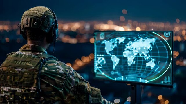 Military surveillance officer analyzing intelligence reports for cybersecurity and national defense