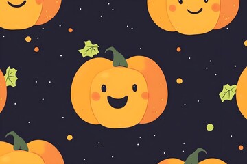 Fototapeta premium A pattern of cute, smiling pumpkins. Simple vector illustration with a black background.