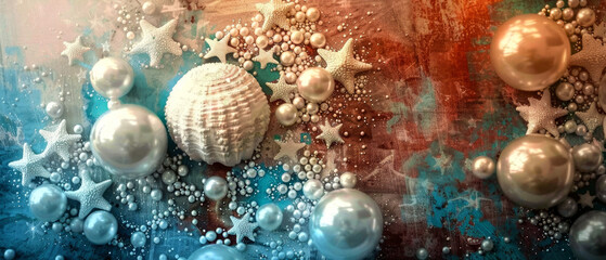 Fototapeta premium Underwater marine composition with seashells, starfish, and pearls on a textured blue background. Ocean-inspired decor, travel, vacation nautical, spa, or interior design themes. Generative ai