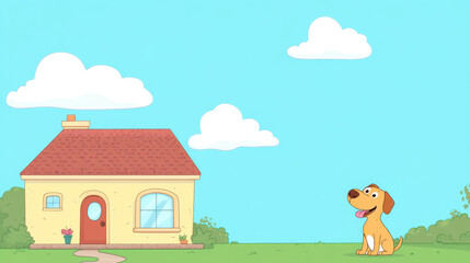 Naklejka premium cheerful dog sits in front of cozy house under bright blue sky with fluffy clouds, creating joyful scene