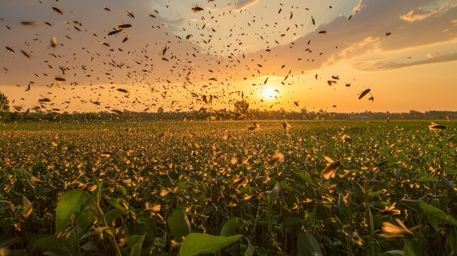 A locust plague swarming over farmland.