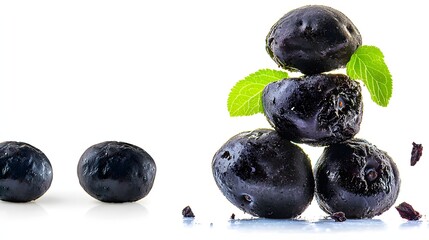 Stacked Fresh Black Plums with Green Leaves and Water Drops on White Background