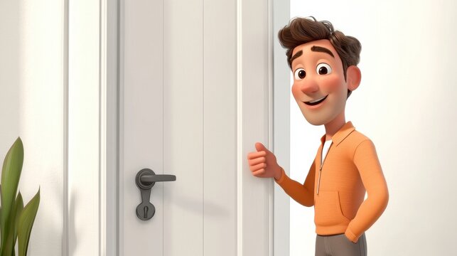 A cheerful cartoon character peeking through a door, exuding friendliness and approachability with a big smile.