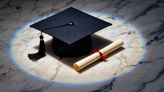 Graduation cap and diploma with a red ribbon spotlighted on a patterned stone surface celebrating academic achievement
