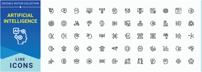 Artificial Intelligence vector line icon set. Includes thin line symbols intelligence, robot, ai, science, artificial and more. Outline symbol collection. Tech vector icon set. Editable vector.