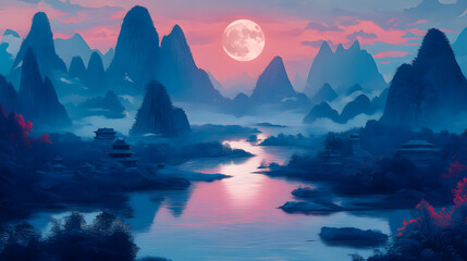 A serene landscape featuring a river winding through karst mountains under a full moon