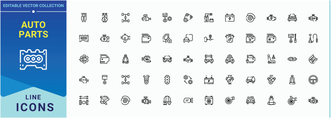 Set of Auto Parts line icon. Contain linear sign service, auto, parts, engine, part, car and more. Vector icons collection. Automobile icon set. Pixel perfect. Editable vector.