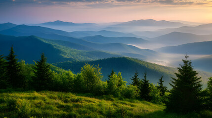 Obraz premium Rolling Mountains with Forest and Mist at Dawn