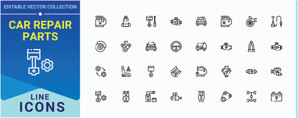 Car Repair Parts icon set. Includes symbols for auto, engine, automotive, element, automobile and more. Auto Parts icon set. Isolated icons. Editable vector. Pixel perfect.