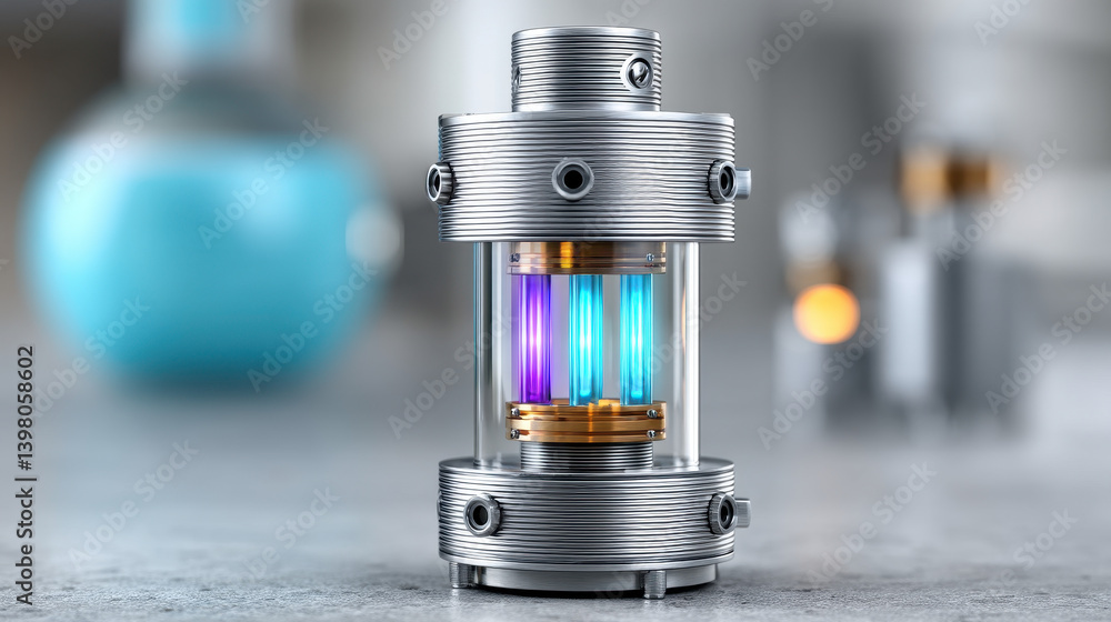 Poster futuristic quantum processor core showcases spinning qubits and glowing lights in blue and violet hu