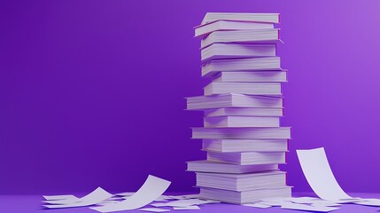 3d render stack books and paper on purple background