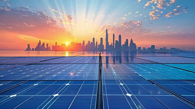 Solar panels generating renewable energy across urban landscape, illuminating sustainable metropolis development during vibrant sunset moment