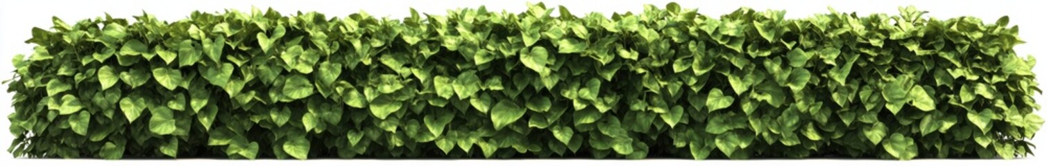 Fototapeta premium Green Hedge: A vibrant green hedge, bursting with fresh leaves, stretches across the frame, evoking a sense of natural privacy and a tidy, well-maintained landscape.