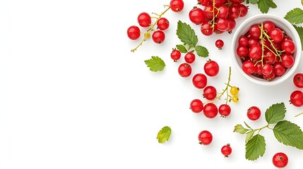 Fresh Red Currants and Green Leaves Arranged Naturally on a White Background