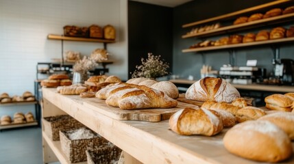 A rustic bakery display showcases a variety of freshly baked bread loaves, illustrating the artistry and craftsmanship involved in artisan baking to entice customers.