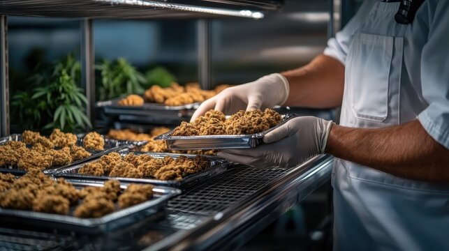 A close-up of harvested cannabis buds being carefully handled, showcasing the process of preparing them for distribution in a facility focused on quality and care.