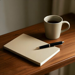 AI-generated image of a cozy desk setup featuring a warm coffee cup, soft lighting, and minimalist decor, evoking a calm and productive atmosphere perfect for work or journaling.