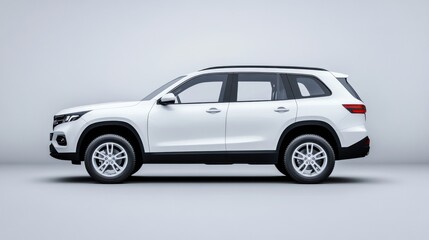 A sleek white car parked against a minimalistic background, showcasing modern design and elegance.