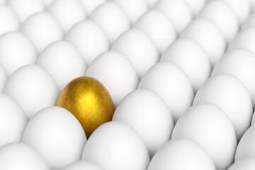 Individiuality and difference concept.Standing golden egg in between common eggs.