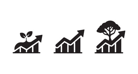 Sustainable Growth: Three icons depicting upward trends in business and nature.