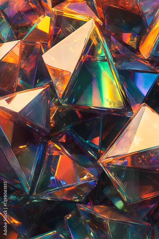 Poster abstract rainbow holographic triangles and cubes create a futuristic digital background in vibrant c