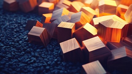 Illuminated wooden cubes on gravel, abstract background