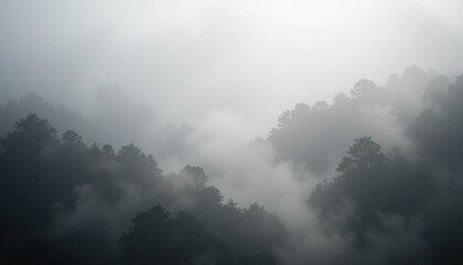 Misty forest landscape adventure mountain region nature photography ethereal environment aerial view exploration concept