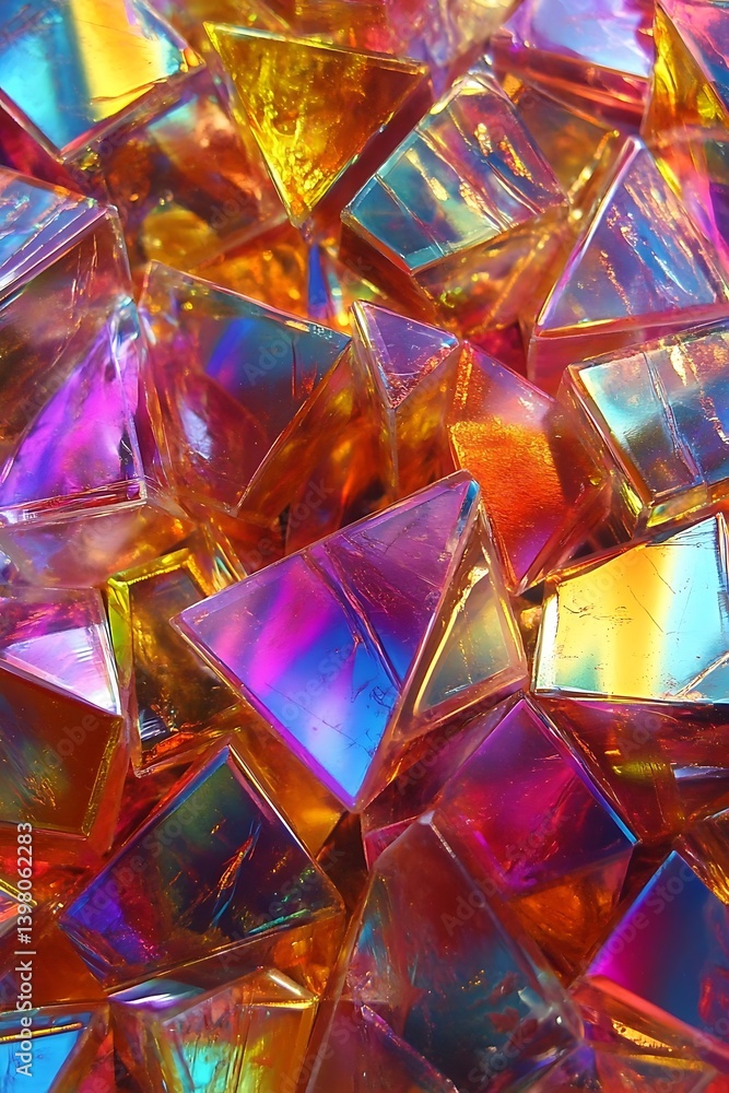 Poster abstract rainbow holographic triangles and cubes create a futuristic digital background in vibrant c