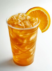 Refreshing iced tea in a clear cup garnished with a slice of orange, perfect for a hot day or casual gatherings.